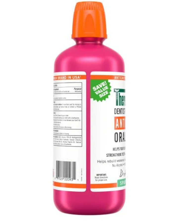 TheraBreath Enjuague bucal anticaries con flúor, menta brillante, formulado por dentistas, 1 litro (33.8 fl oz) + tamaño de viaje, 3 onzas líquidas