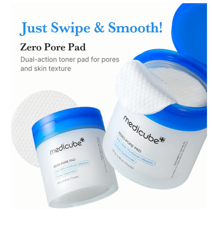 Medicube Zero Pore Pads 2.0, almohadillas de tóner facial de doble textura para exfoliación y cuidado de poros con 4.5% de ácido láctico AHA y 0.45% ácido salicílico BHA, ideal para todo tipo de piel